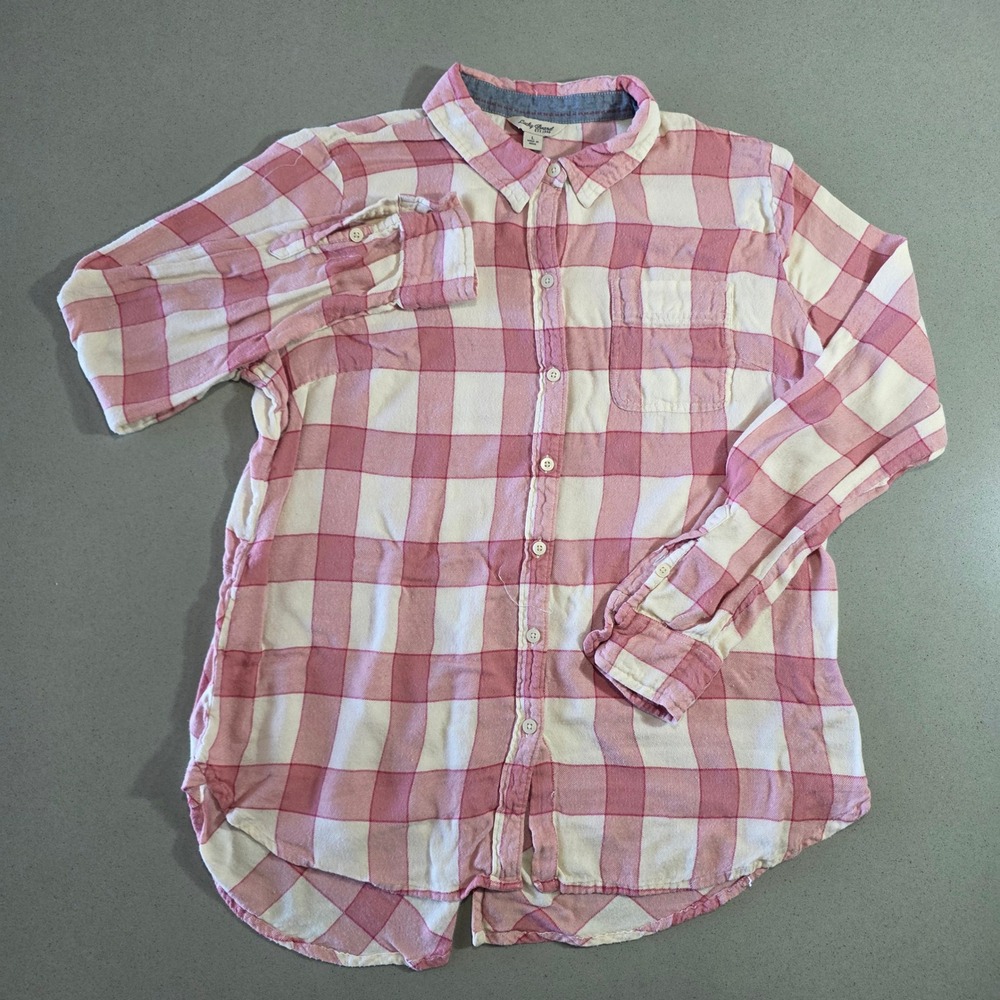 Lucky Brand Women Pink White Buffalo Plaid Button Down Roll Tab Shirt Large